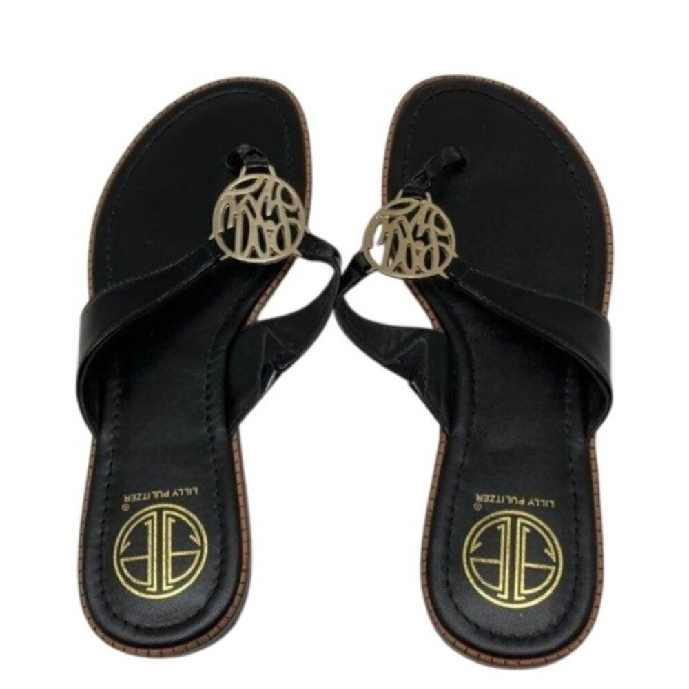 Lilly Pulitzer Black Thong Sandal With Gold Logo Women --10m